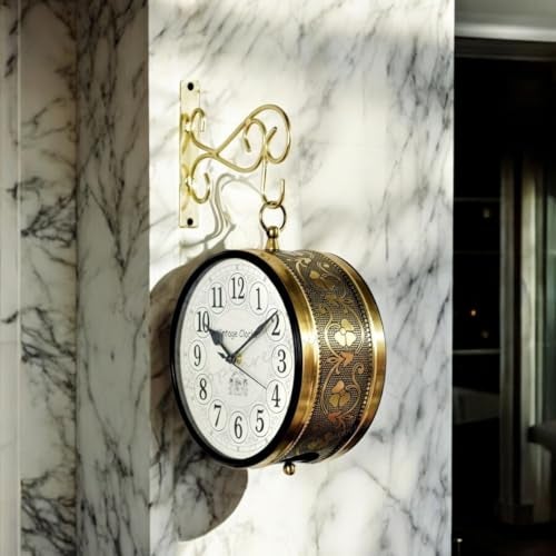 Vintage Clock Handcrafted Double Side Analog Wall Clock 1 Year Warranty / 65091-8-FHH, Iron, 20x20 cm, Two Side English Numbers, shiny Gold - Image 3