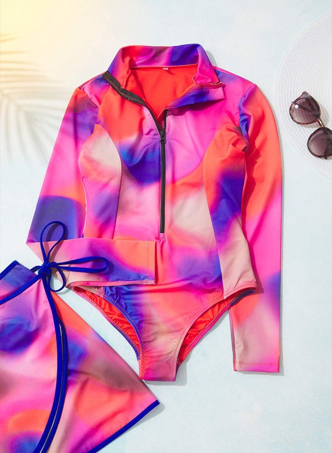 Abstract Patterned Zippered Long Sleeve Regular Surf Swimsuit