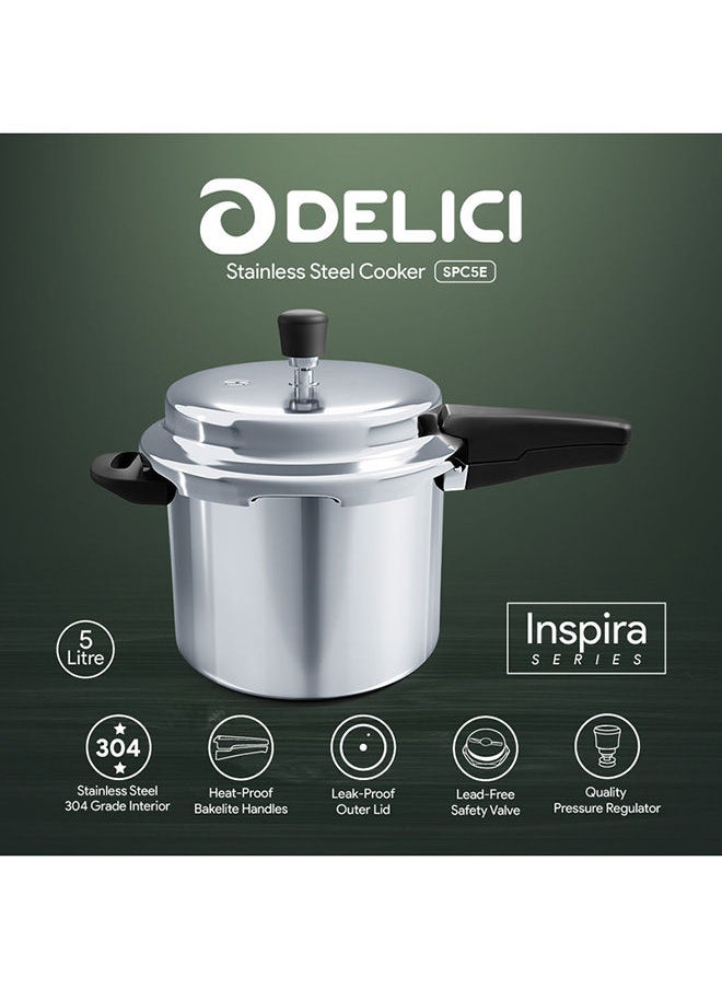 DELICI - 5Liters Stainless Steel Pressure Cooker 5L (SPC5E)  Quick Heating Induction Base, Safe Gasket Release, Heavy Base Sandwich Bottom - Ideal for High Thermal Cooking Silver - Image 1