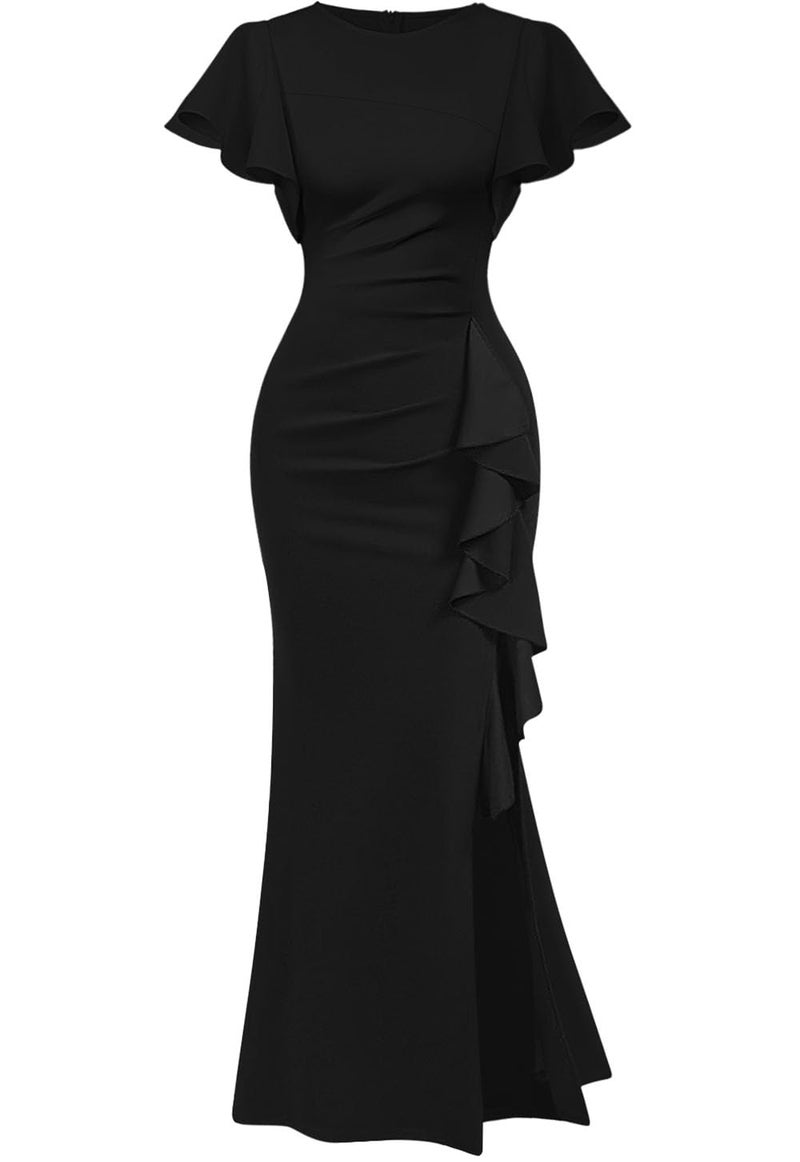 Memoriesea Women's Elegant High Split Ruched Bodycon Mermaid Evening Cocktail Maxi Dress Black - Image 1