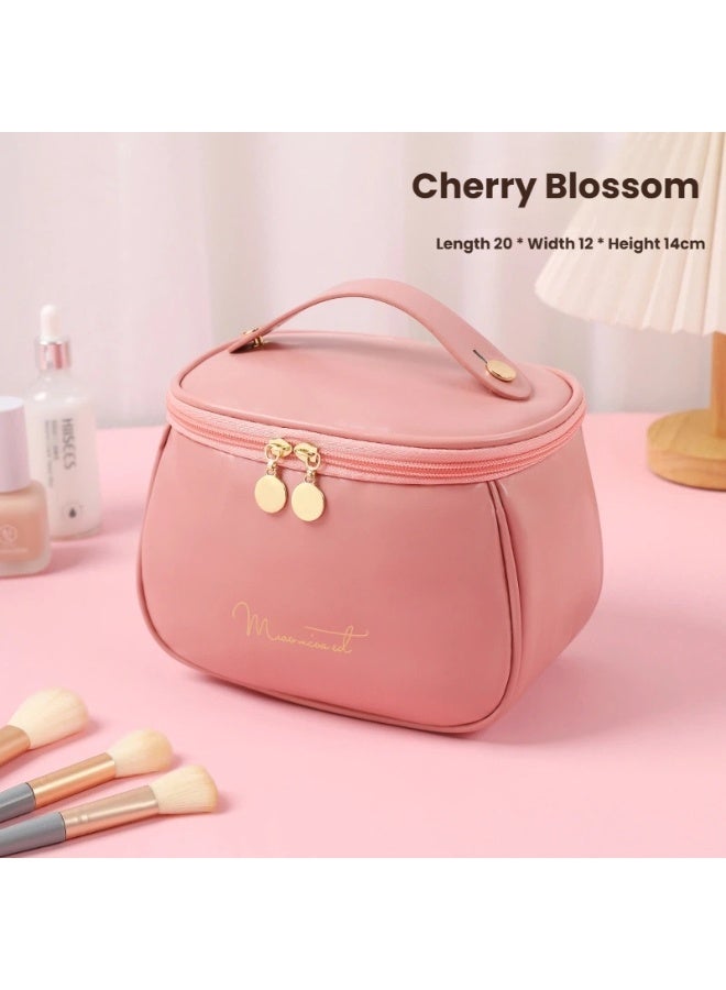Cherry Blossom Chic Cherry Blossom Pink Makeup Bag Large Capacity PU Organizer with Top Handle Perfect for Travel and Daily Beauty Routines - Image 1