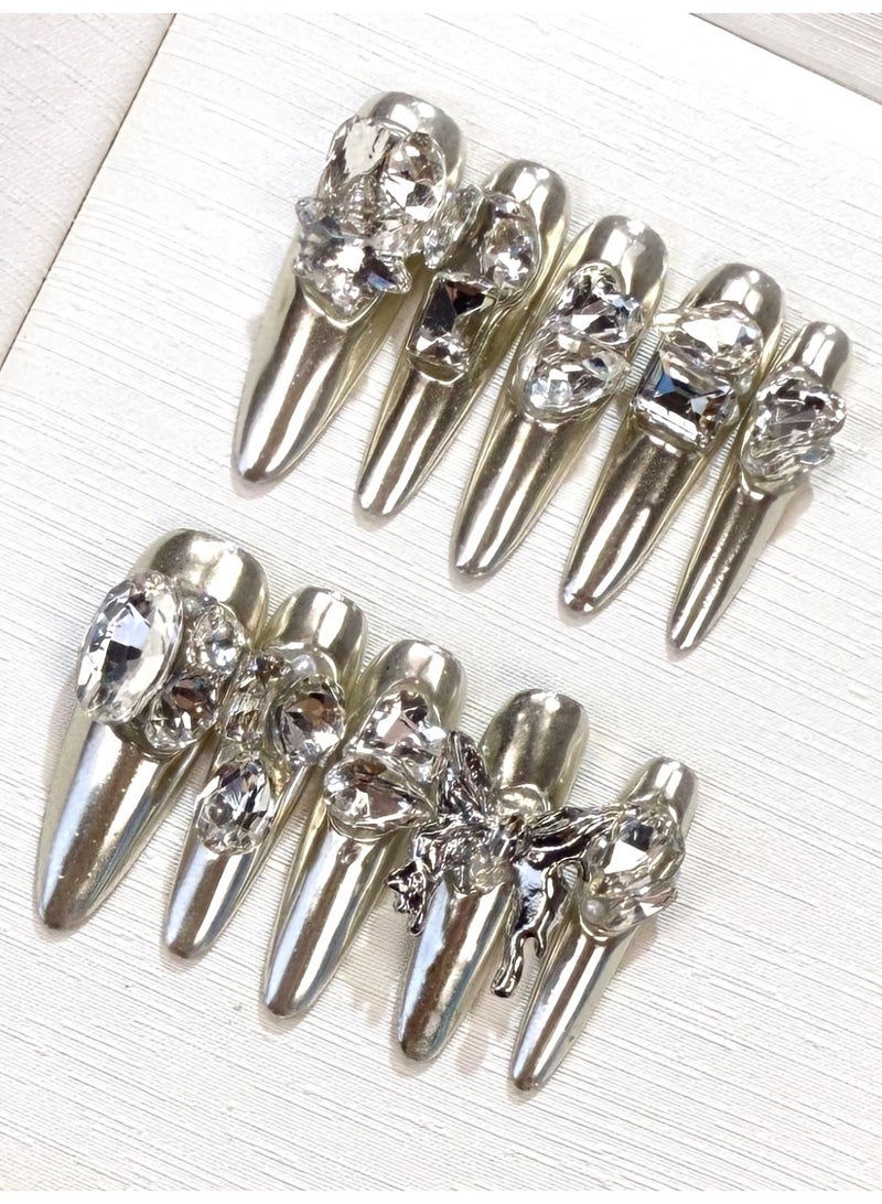 Hand-worn, silver, sweet and cool, retro, full diamond metallic feel, delicate whitening, detachable false nail patch, product number h2672, extra-long and slender tips - Image 1