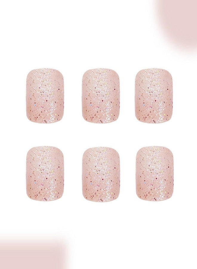 ASABITE 24Pcs Nude Glitter Press on Toenails Short Square Fake Toenails Glue-Free False Toenails with Glitter Sequin Design Reusable Acrylic Nails Toenails Press ons Summer Beach Toenails for Women - Image 5