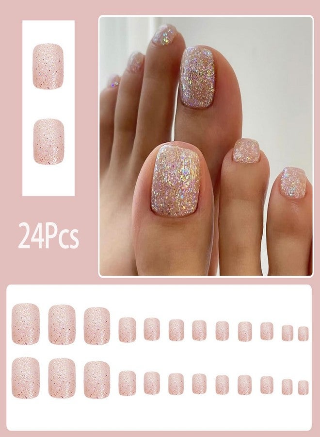 ASABITE 24Pcs Nude Glitter Press on Toenails Short Square Fake Toenails Glue-Free False Toenails with Glitter Sequin Design Reusable Acrylic Nails Toenails Press ons Summer Beach Toenails for Women - Image 2