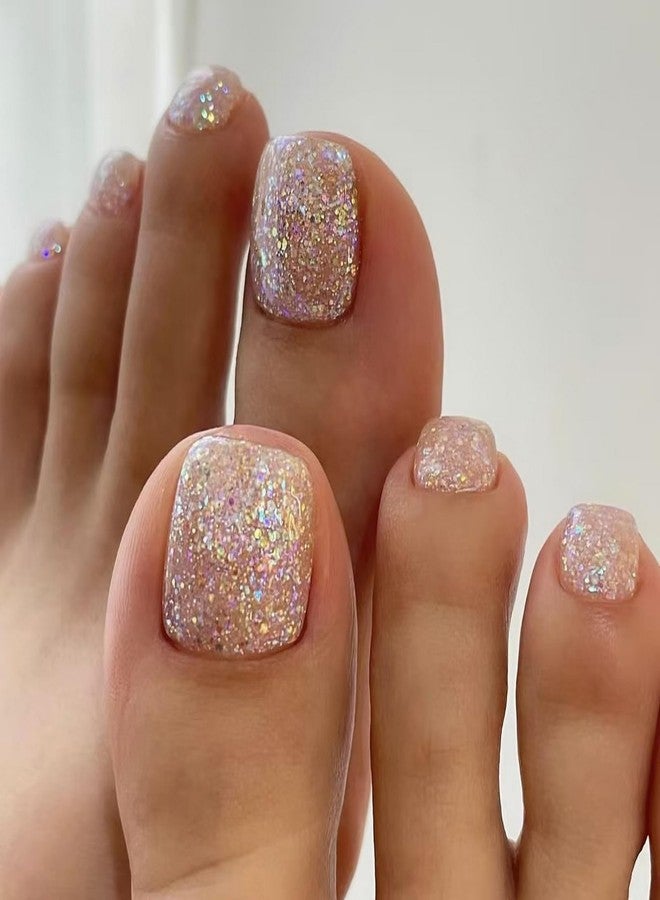 ASABITE 24Pcs Nude Glitter Press on Toenails Short Square Fake Toenails Glue-Free False Toenails with Glitter Sequin Design Reusable Acrylic Nails Toenails Press ons Summer Beach Toenails for Women - Image 1
