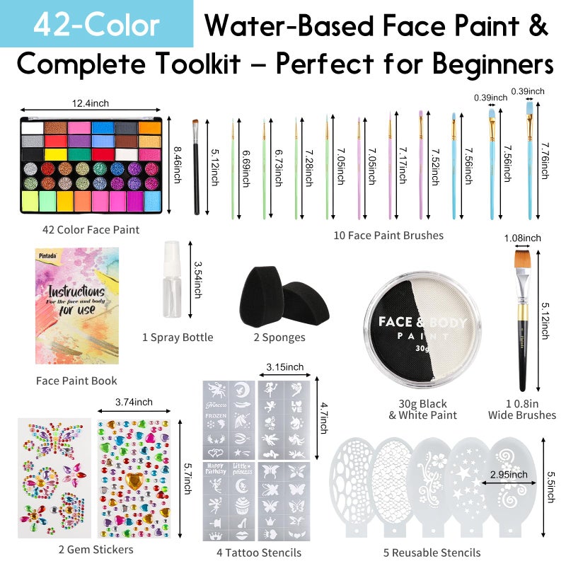 Pintada 42 Color Face Painting Kit for Kids +30g Black and White Face Paint - Non Toxic Water Based Face Paint Palette With Stencils, Brush, Gems. For Carnival, Halloween, Costume Makeup - Image 2