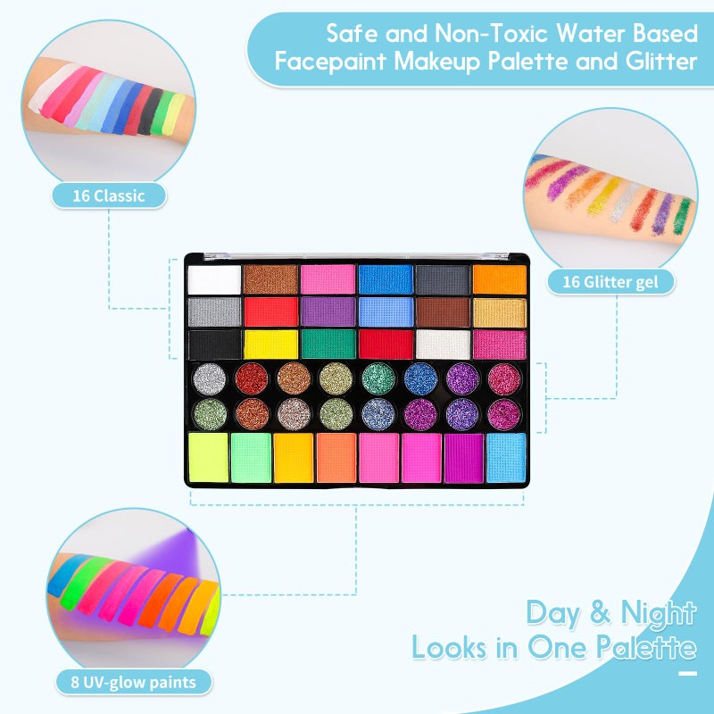 Pintada 42 Color Face Painting Kit for Kids +30g Black and White Face Paint - Non Toxic Water Based Face Paint Palette With Stencils, Brush, Gems. For Carnival, Halloween, Costume Makeup - Image 4