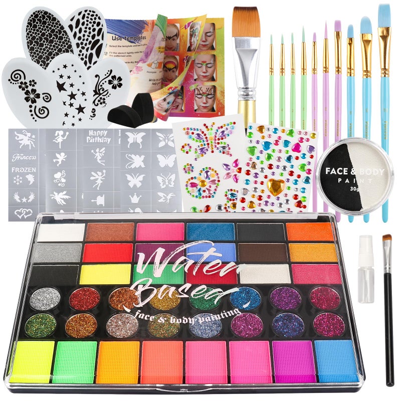 Pintada 42 Color Face Painting Kit for Kids +30g Black and White Face Paint - Non Toxic Water Based Face Paint Palette With Stencils, Brush, Gems. For Carnival, Halloween, Costume Makeup - Image 1