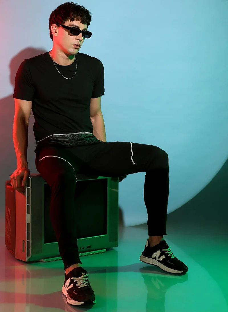 Campus Sutra Men's Solid Black T-Shirt With Faux Leather Details