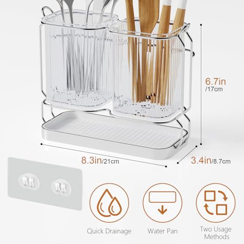 First-zgel Kitchen Utensil Holder Wall Mount 67 Silverware Holder for Kitchen Countertop Utensil Drying Holder with Drain Tray for SilverwareSpatula Silver - Image 3