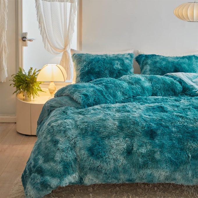 FAUX FUR PLUSH TIE DYE TEAL COMFORTER SET FLUFFY FUZZY SHAGGY BEDDING SET 3PC FULL SIZE MICROFIBER SOFT WARM QUILT SET