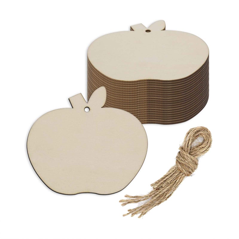 20pcs Apple Wood DIY Crafts Cutouts Wooden Apple Shaped Hanging Ornaments with Hole Hemp Ropes Wood Tags for Wedding Birthday Christmas Party Decorations