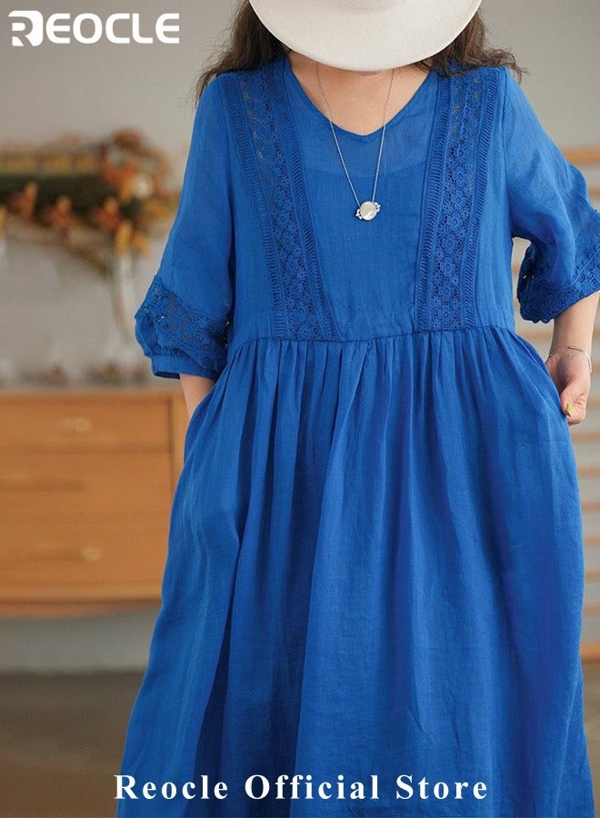 REOCLE Women's Maxi Dresses Smocked Floral Dress Crewneck Lace Tiered Midi Dresses Beach Summer Long Dress Bridesmaid Cocktail Party Maxi Dress - Image 2