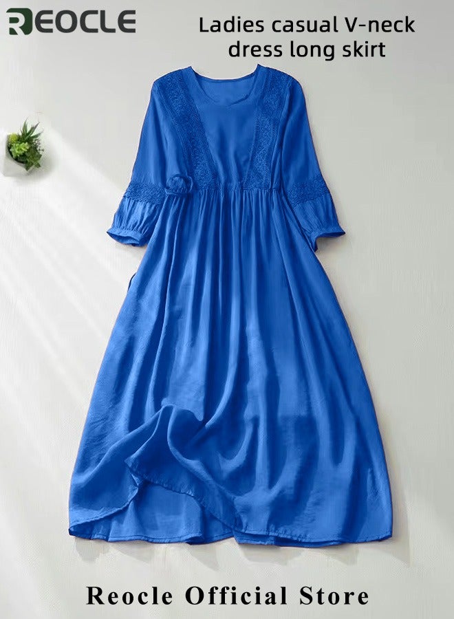 REOCLE Women's Maxi Dresses Smocked Floral Dress Crewneck Lace Tiered Midi Dresses Beach Summer Long Dress Bridesmaid Cocktail Party Maxi Dress - Image 3