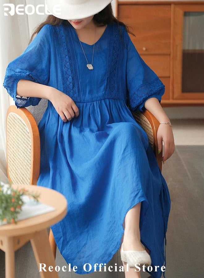 REOCLE Women's Maxi Dresses Smocked Floral Dress Crewneck Lace Tiered Midi Dresses Beach Summer Long Dress Bridesmaid Cocktail Party Maxi Dress - Image 5