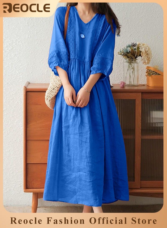 REOCLE Women's Maxi Dresses Smocked Floral Dress Crewneck Lace Tiered Midi Dresses Beach Summer Long Dress Bridesmaid Cocktail Party Maxi Dress - Image 1