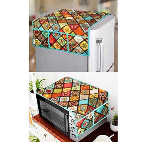 E-Retailer® Exclusive 3-Layered Polyester Combo Set of Appliances Cover (1 Pc. of Fridge Top Cover, 1 Pc. of Microwave Oven Top Cover) (Color-Multi, Design-Ethnic, Set Contains-2-Pcs.) - Image 1