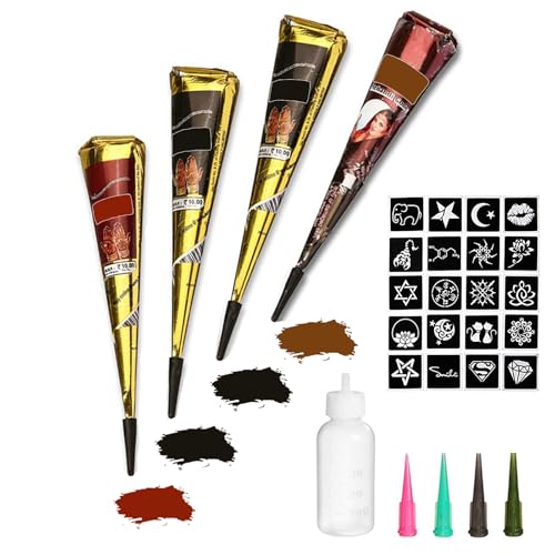 Yomagine Temporary Tattoos Kit, 4Pcs Semi Permanent Tattoo Paste Cones, India Body DIY Art Painting for Women Men Kids, Summer Trend Freehand Plaste with 3 Colors,20Pcs Adhesive Stencil,1Pc Bottle,4Pcs Nozzles - Image 1