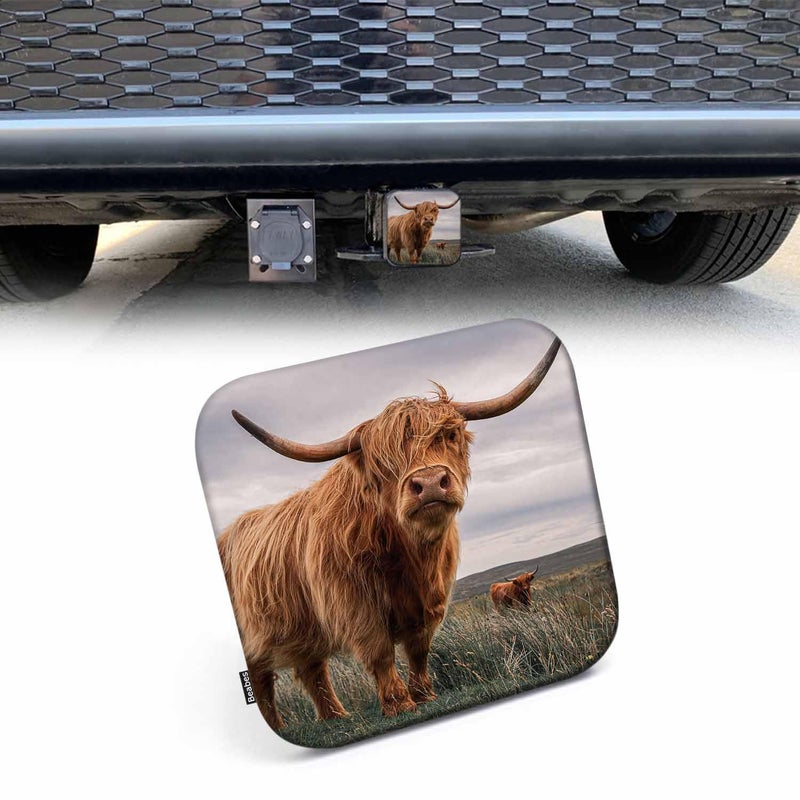 Beabes Highland Cow Trailer Hitch Plug Cover Farm Highland Cow Cattle Hairy On Grass Rubber Receiver Hitch Cover Protects Hitch Tube Tow Hitch Accessories for 2 Inch Receivers - Image 1