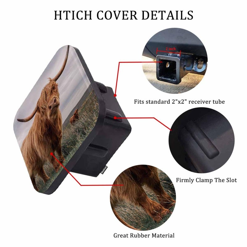 Beabes Highland Cow Trailer Hitch Plug Cover Farm Highland Cow Cattle Hairy On Grass Rubber Receiver Hitch Cover Protects Hitch Tube Tow Hitch Accessories for 2 Inch Receivers - Image 3