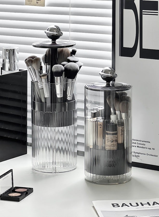Sunnaltree Liftable Makeup Brush Holder with Lid, Cosmetic Storage Box, Clear Dustproof Makeup Brushes Organizer for Vanity Desktop Bathroom Countertop (Transparent Black) - Image 1