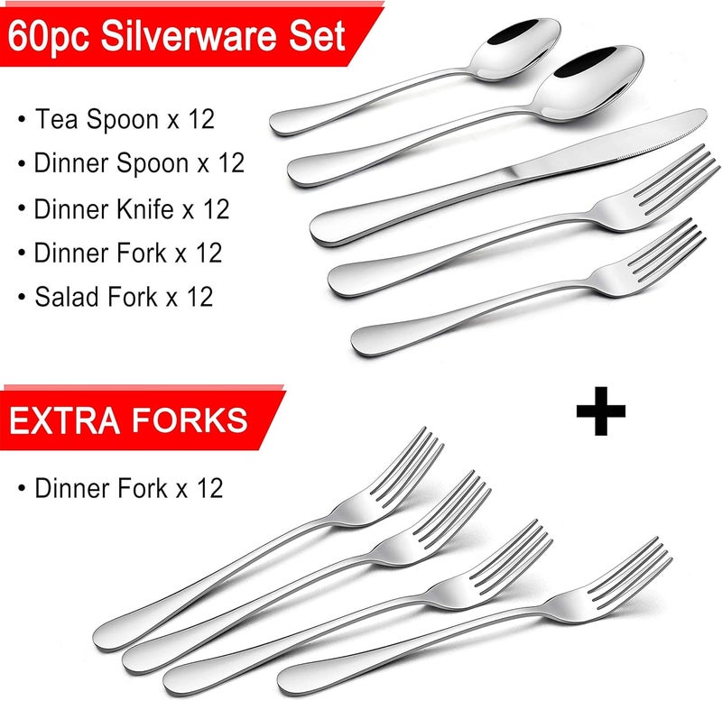 LIANYU 72Piece Silverware Set with Extra Forks Stainless Steel Flatware Cutlery Set for 12 Fork Spoon Knife Set Eating Utensils Tableware Dishwasher Safe - Image 2