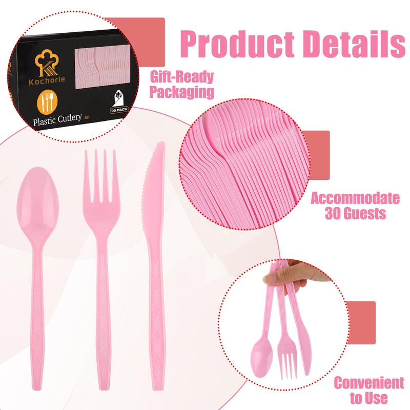 Kochorie 90 Pieces Pink Plastic Cutlery Set Disposable Plastic Utensils Heavy Duty Flatware Set Includes 30 Knives 30 Forks 30 Spoons for Party Wedding Birthday - Image 3