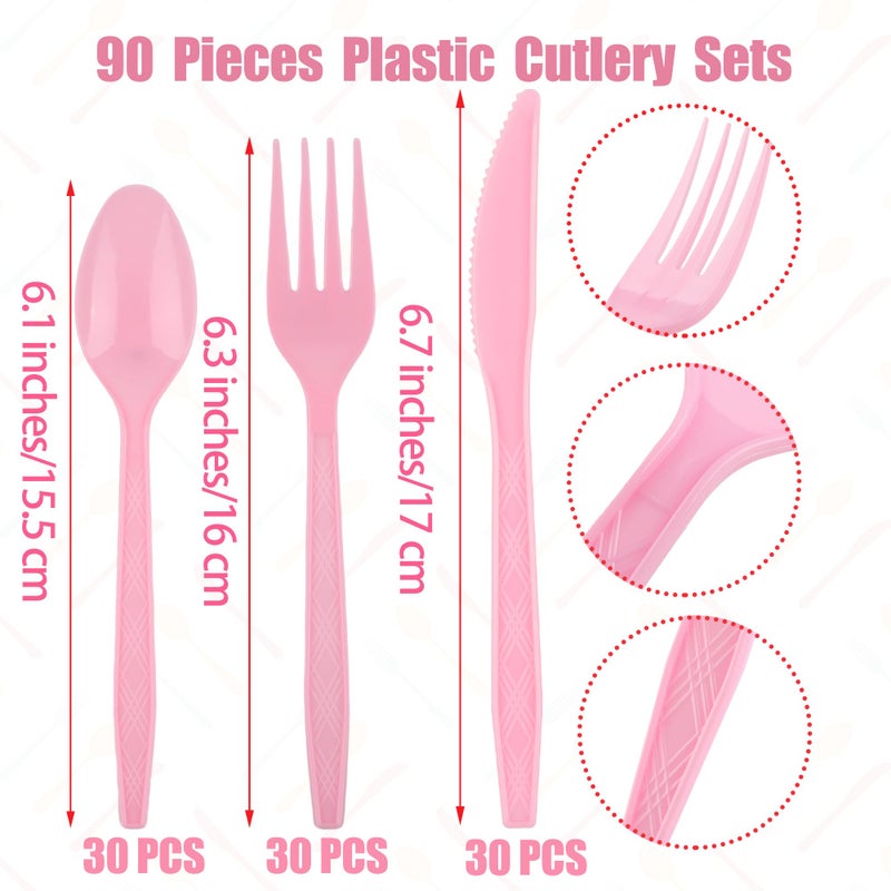Kochorie 90 Pieces Pink Plastic Cutlery Set Disposable Plastic Utensils Heavy Duty Flatware Set Includes 30 Knives 30 Forks 30 Spoons for Party Wedding Birthday - Image 1