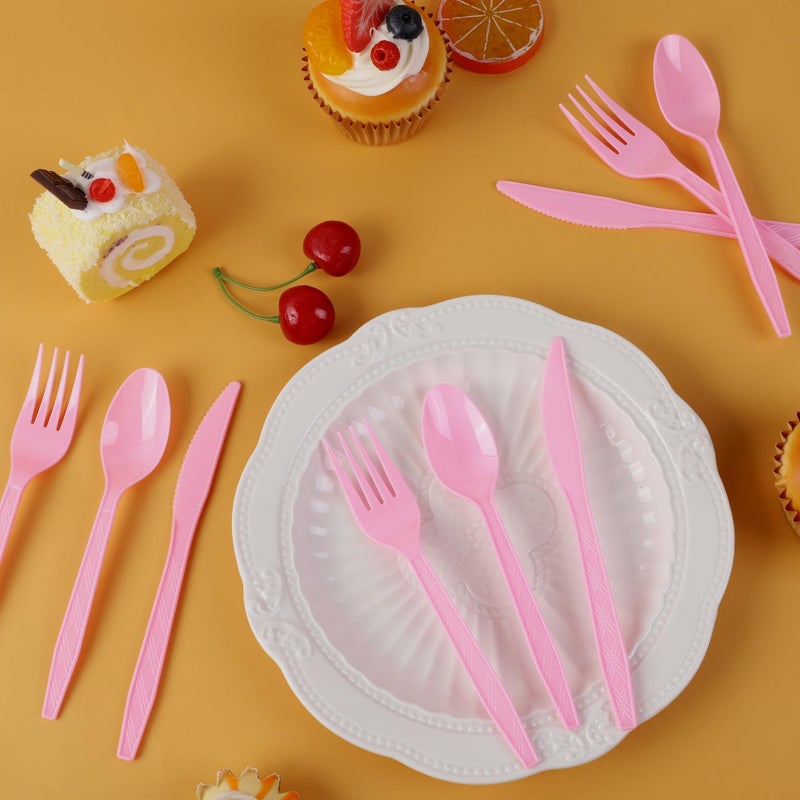 Kochorie 90 Pieces Pink Plastic Cutlery Set Disposable Plastic Utensils Heavy Duty Flatware Set Includes 30 Knives 30 Forks 30 Spoons for Party Wedding Birthday - Image 2
