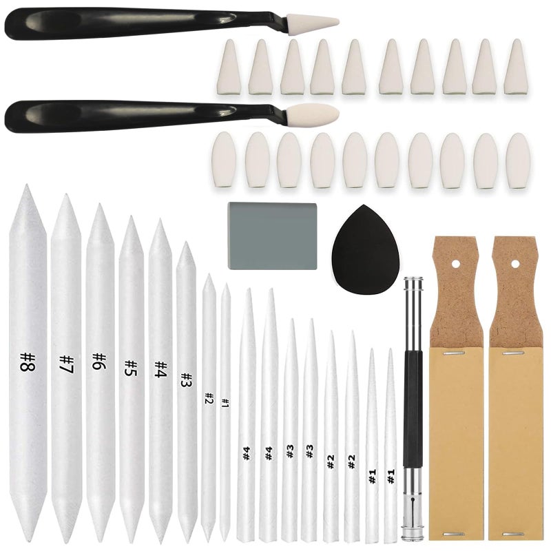 43 PCS Blending Stumps and Tortillions Paper Art Blenders Sketch Drawing Tools with Sketch Wipe ScrapersRub SpongeKneaded Eraser and Sandpaper Sharpeners