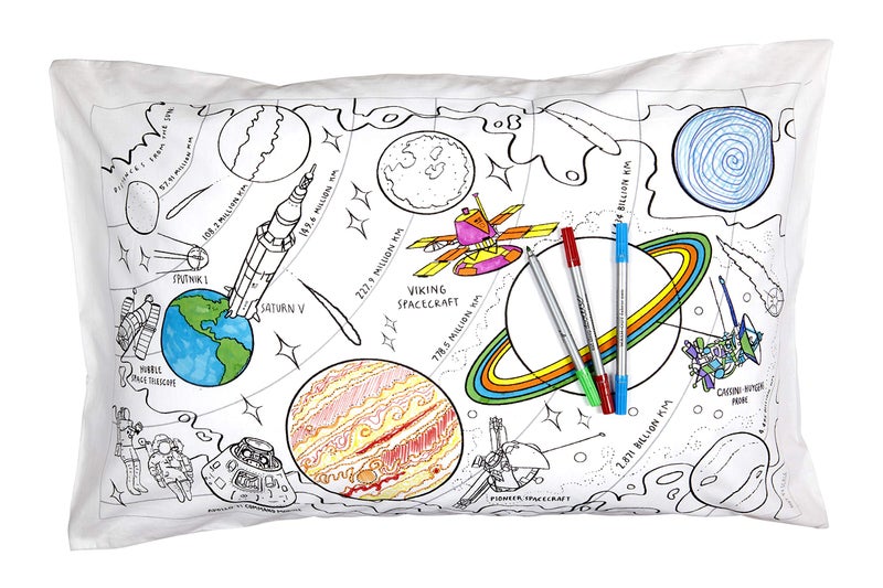 eatsleepdoodle eatsleepdoodle Coloring Pillowcase for Kids w 10pk Washable Markers for Kids  30x20in Space Explorer Kids Coloring Pillowcase  Ultra Washable  Reusable Arts and Crafts for Kids 