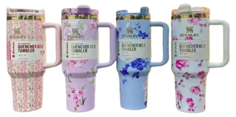 ستانلي كوب ستانلي، كوب ستانلي سعة 40 أونصة مع قش ومقبض، كوب معزول مع غطاء كوب للسفر، كوب قهوة من الفولاذ المقاوم للصدأ H2.0 FlowState للمشروبات المثلجة الساخنة، كوب سفر بمقبض(فلورى) - Image 1