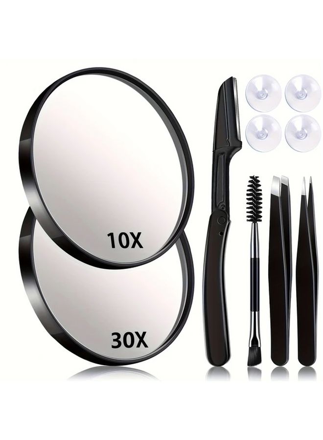 30X Magnifying Mirror With Tweezers Eyebrow Razor And Suction Cups Beauty Travel Set - Image 1
