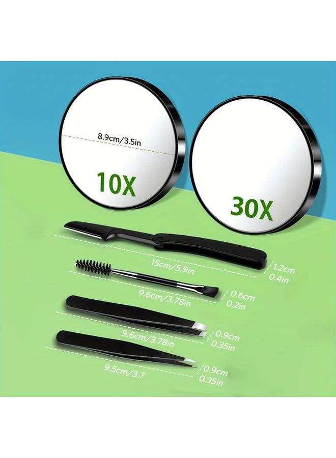 30X Magnifying Mirror With Tweezers Eyebrow Razor And Suction Cups Beauty Travel Set - Image 4