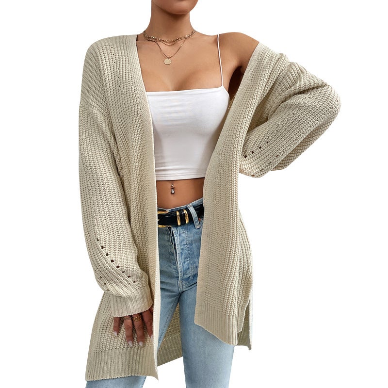 2025 Loose Mid-Length Knitwear Jacket Knitted Cardigan V-Neck Pure Color Knitwear - Image 1