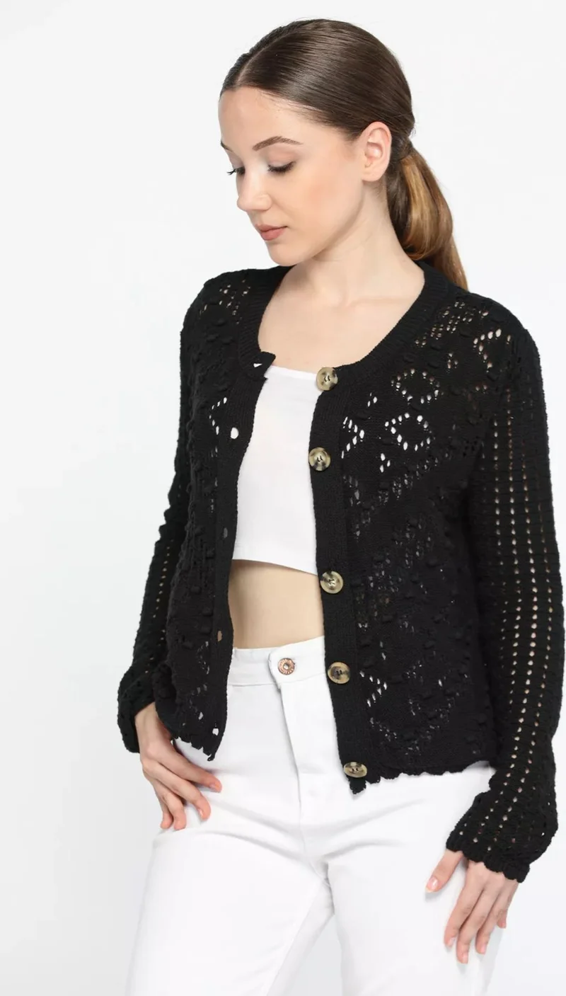 جولسلي Openwork Embossed Patterned Front Buttoned Women's Knitwear Cardigan