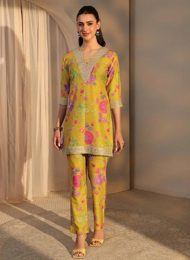 Libas Mustard Printed Silk Blend Co-Ords