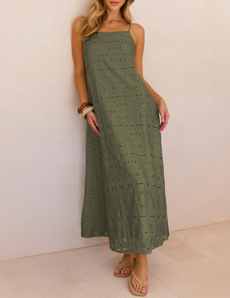 MEROKEETY Women's Summer Spaghetti Straps Sundress 2026 Casual Sleeveless Floral Lace Eyelet Boho Beach Maxi Dress, Army, Large - Image 4