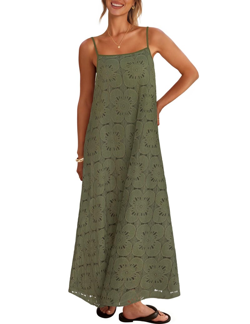 MEROKEETY Women's Summer Spaghetti Straps Sundress 2026 Casual Sleeveless Floral Lace Eyelet Boho Beach Maxi Dress, Army, Large - Image 1