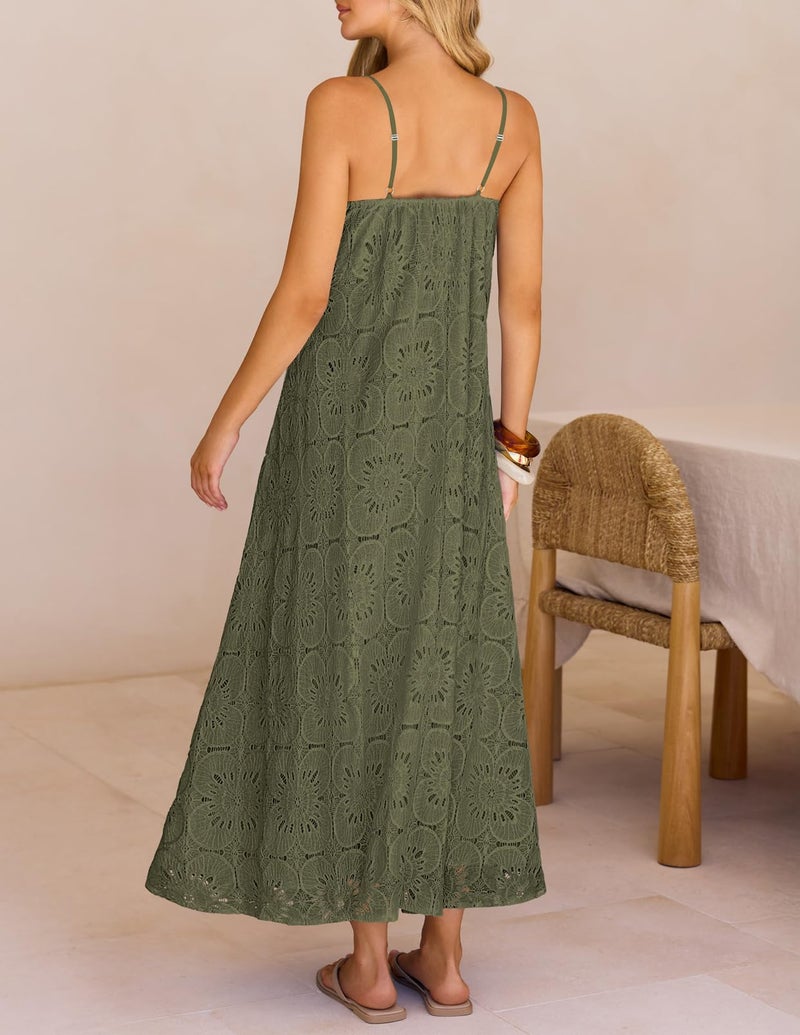 MEROKEETY Women's Summer Spaghetti Straps Sundress 2026 Casual Sleeveless Floral Lace Eyelet Boho Beach Maxi Dress, Army, Large - Image 3