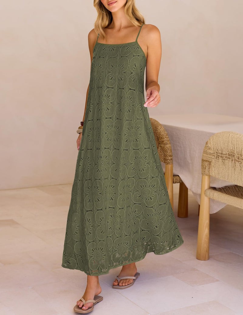 MEROKEETY Women's Summer Spaghetti Straps Sundress 2026 Casual Sleeveless Floral Lace Eyelet Boho Beach Maxi Dress, Army, Large - Image 5