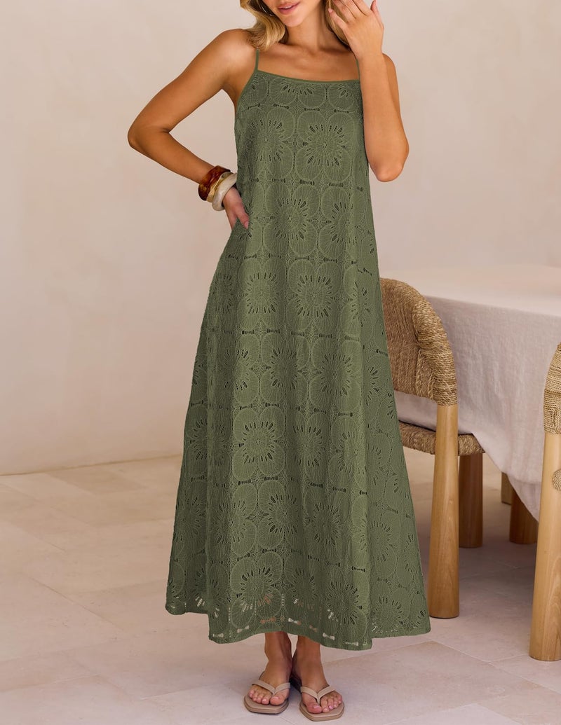 MEROKEETY Women's Summer Spaghetti Straps Sundress 2026 Casual Sleeveless Floral Lace Eyelet Boho Beach Maxi Dress, Army, Large - Image 2
