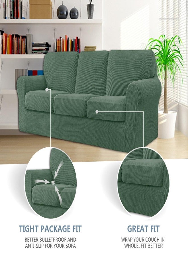 LINGERIN 7 Piece Stretch Sofa Covers for 1Base Cover 3 Cushion Couch Cover and 3 Backrest Cover for Living Room Furniture Slipcovers Thicker Jacquard Fabric (Matcha Green) - Image 2