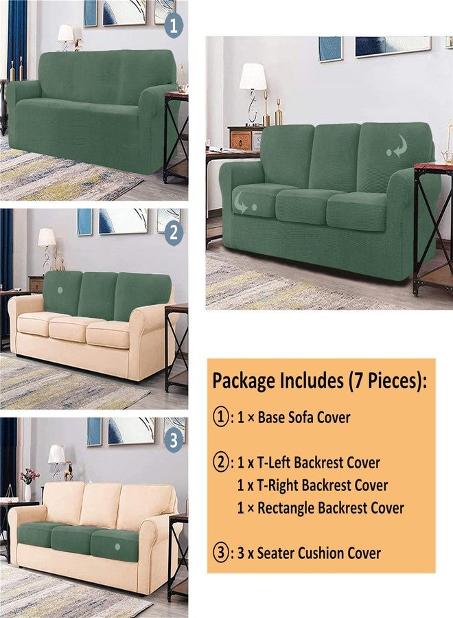 LINGERIN 7 Piece Stretch Sofa Covers for 1Base Cover 3 Cushion Couch Cover and 3 Backrest Cover for Living Room Furniture Slipcovers Thicker Jacquard Fabric (Matcha Green) - Image 4
