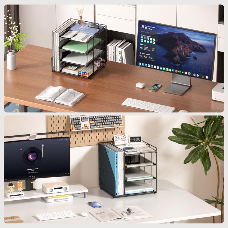 Becomrock Desk Organizer, 4-Tier Metal Paper Organizer for Desk with Vertical File Holder, Office Accessories and Desktop Storage for Office Supplies (Black) - Image 3