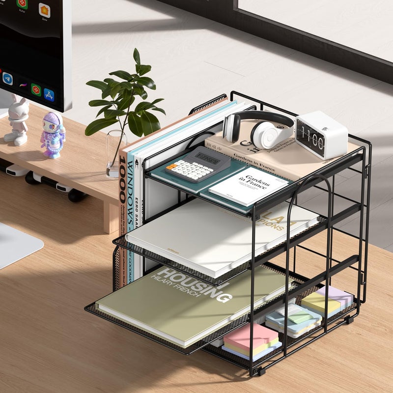 Becomrock Desk Organizer, 4-Tier Metal Paper Organizer for Desk with Vertical File Holder, Office Accessories and Desktop Storage for Office Supplies (Black) - Image 2