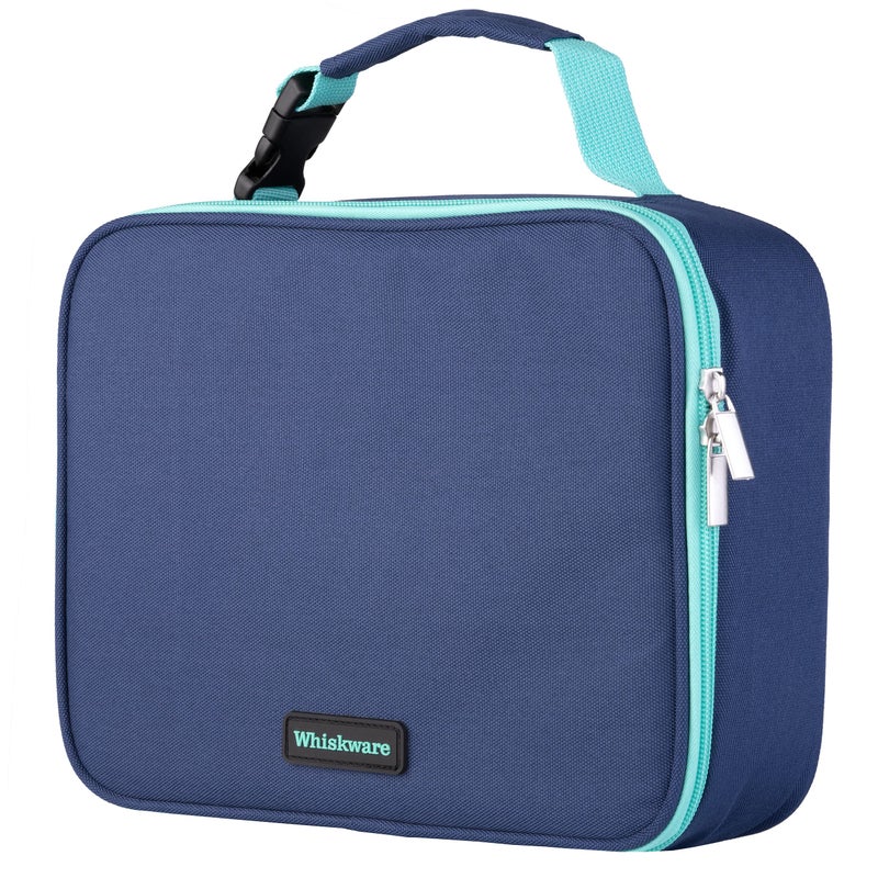 Whiskware Insulated Soft Cooler Lunch Bag for Work Travel School and More Side Pocket ClipBuckle Handle Zipper Durable For Kids and Adults BPA Free Navy