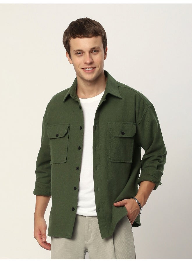 Beyoung Olive Green Recycled Flannel Shirt  - Image 1