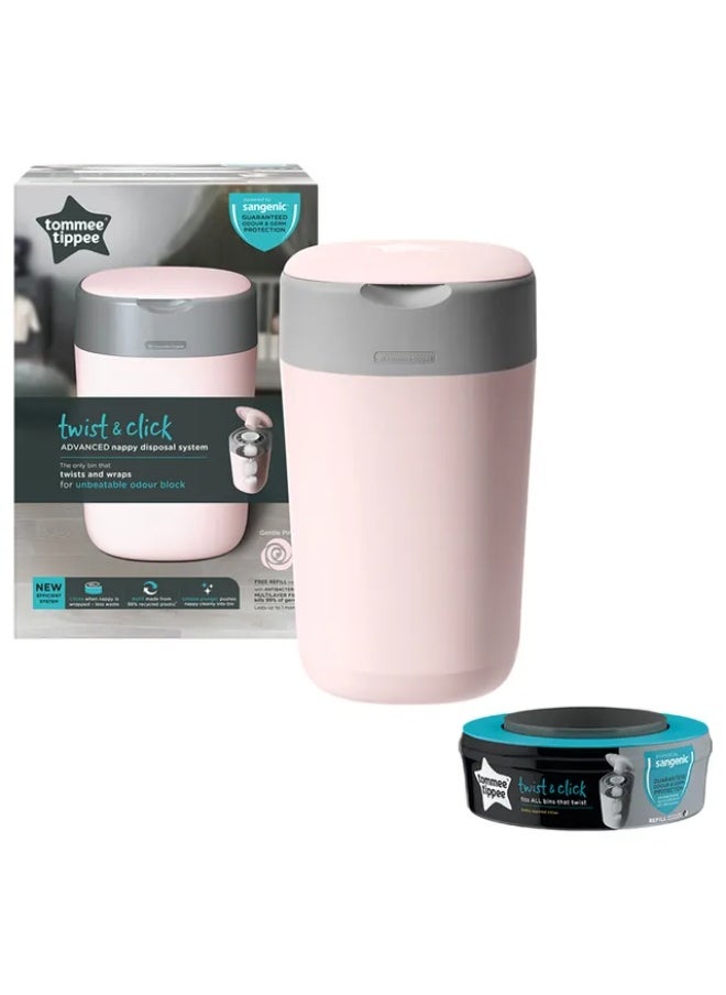 Tommee Tippee Twist & Click Nappy Disposal Sangenic Bin - Pink + Cassette x 1