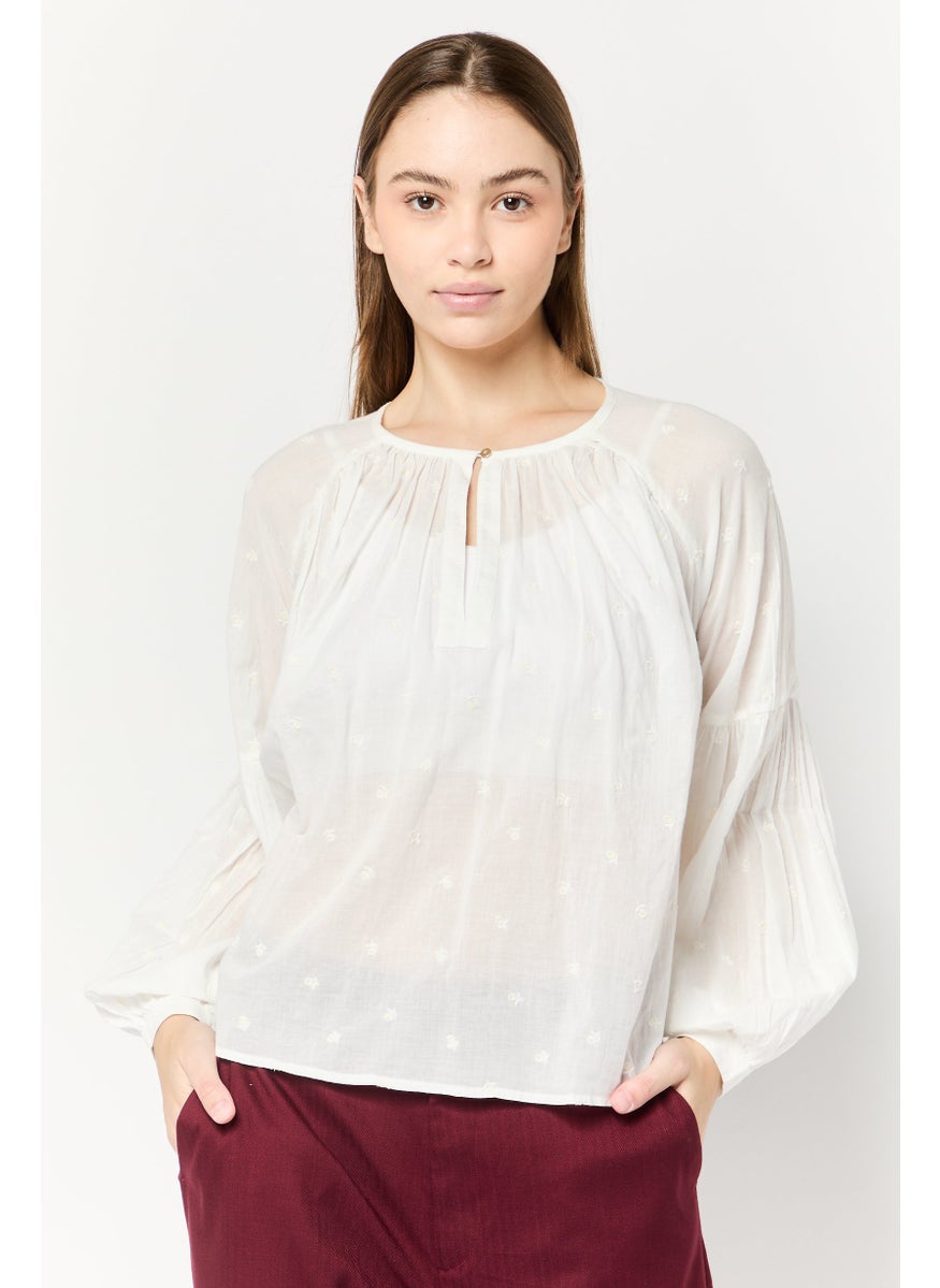 Scotch & Soda Women Crew Neck Long Sleeves Embroidered Blouse, Ivory  - Image 1